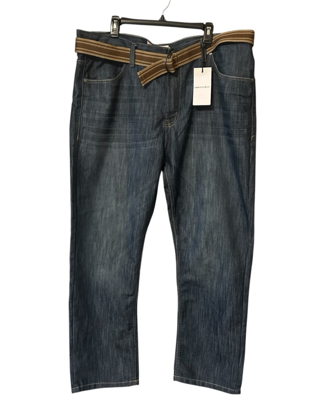 NWT Paper Denim & Cloth Men's Dark Blue Denim Jeans with Tan Belt Sz 42/30